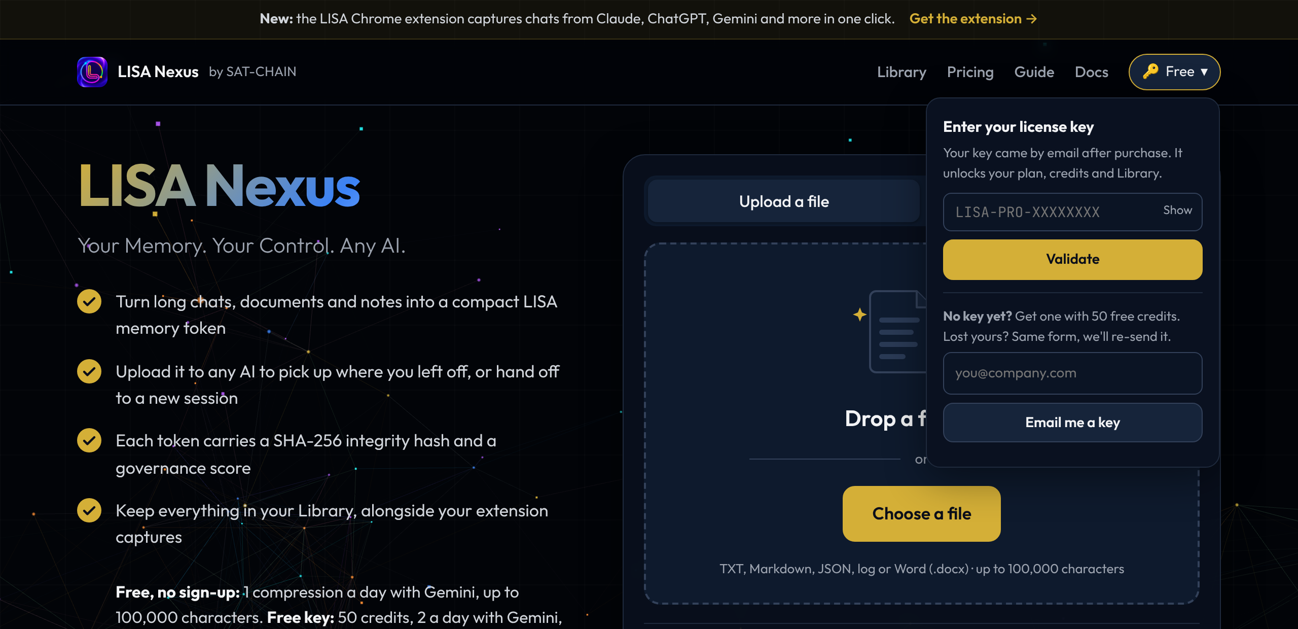 LISA Nexus with the key panel open: a license key field with Validate, and below it an email field with an 'Email me a key' button