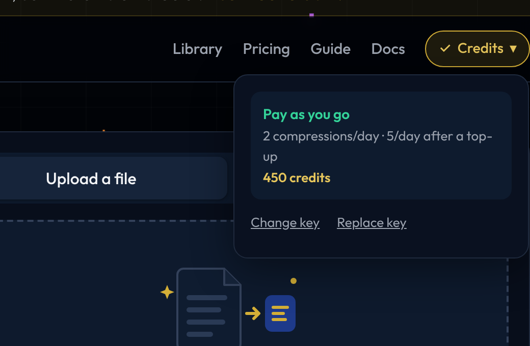 The key panel after signing in, showing 'Pay as you go' and '450 credits'