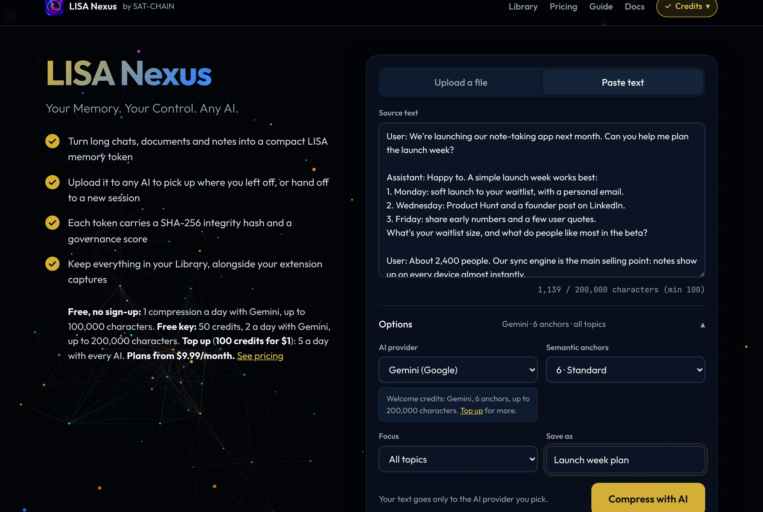 LISA Nexus with a pasted conversation and the Options open: Gemini, 6 anchors, all topics, saved as 'Launch week plan'