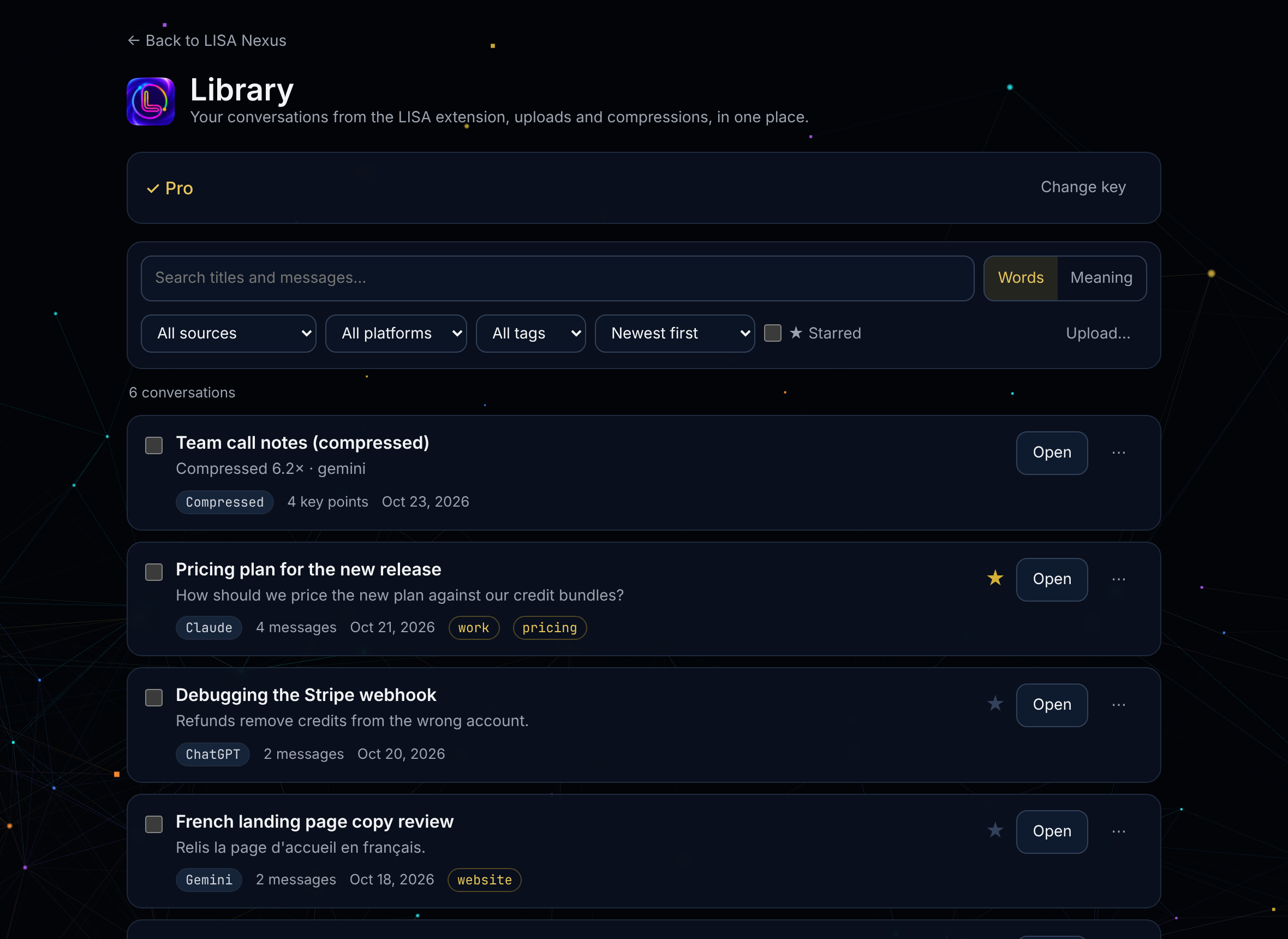 The LISA Library: a search box with Words and Meaning, filters for source, platform, tags and sort, and conversation cards with platform, message count, date, tags, a star, Open and a more-actions button
