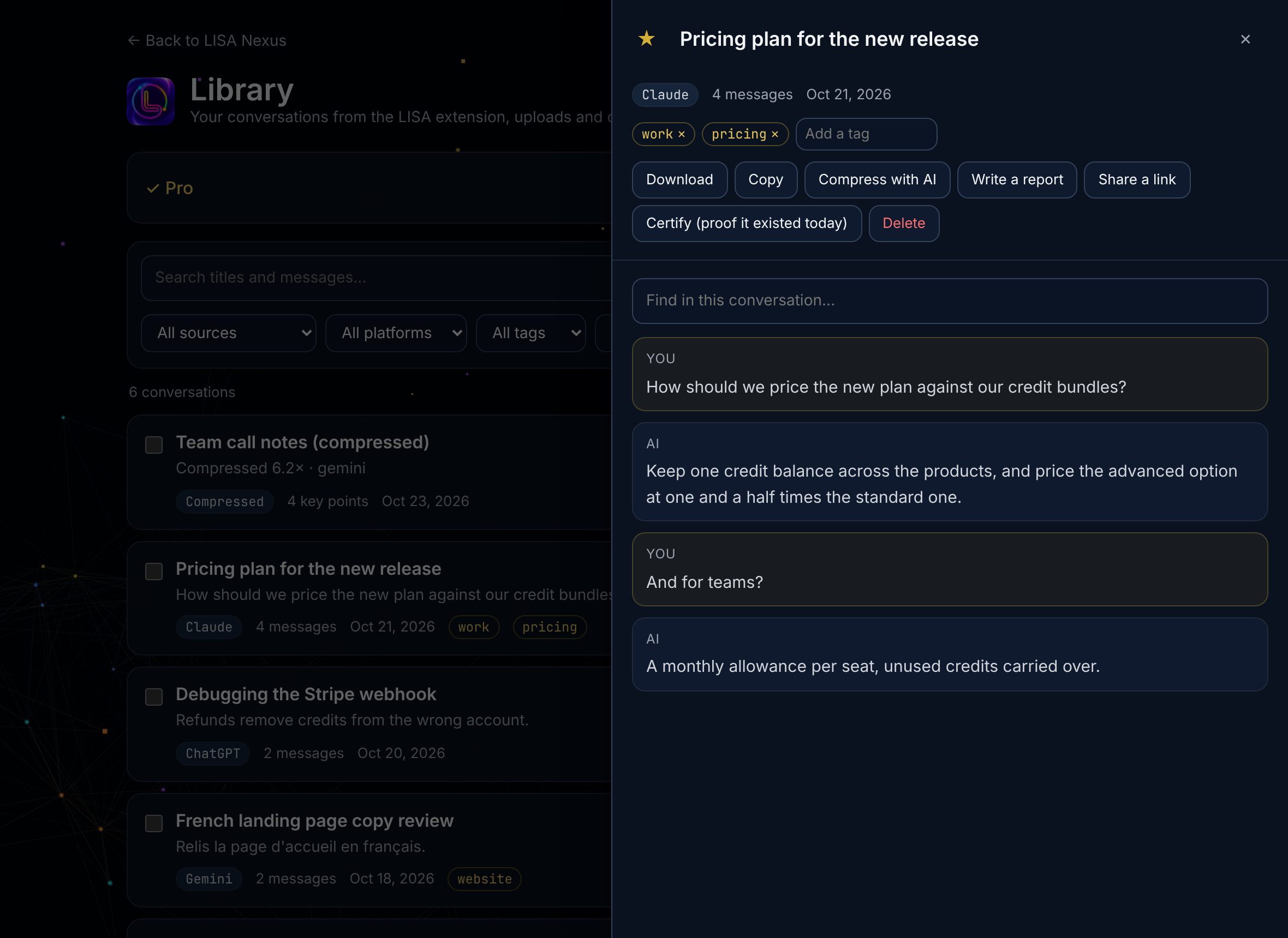 A conversation open in the Library reader: title, tags, actions and the messages, with a box to find words inside it