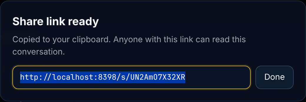 'Share link ready' with the link and a Done button