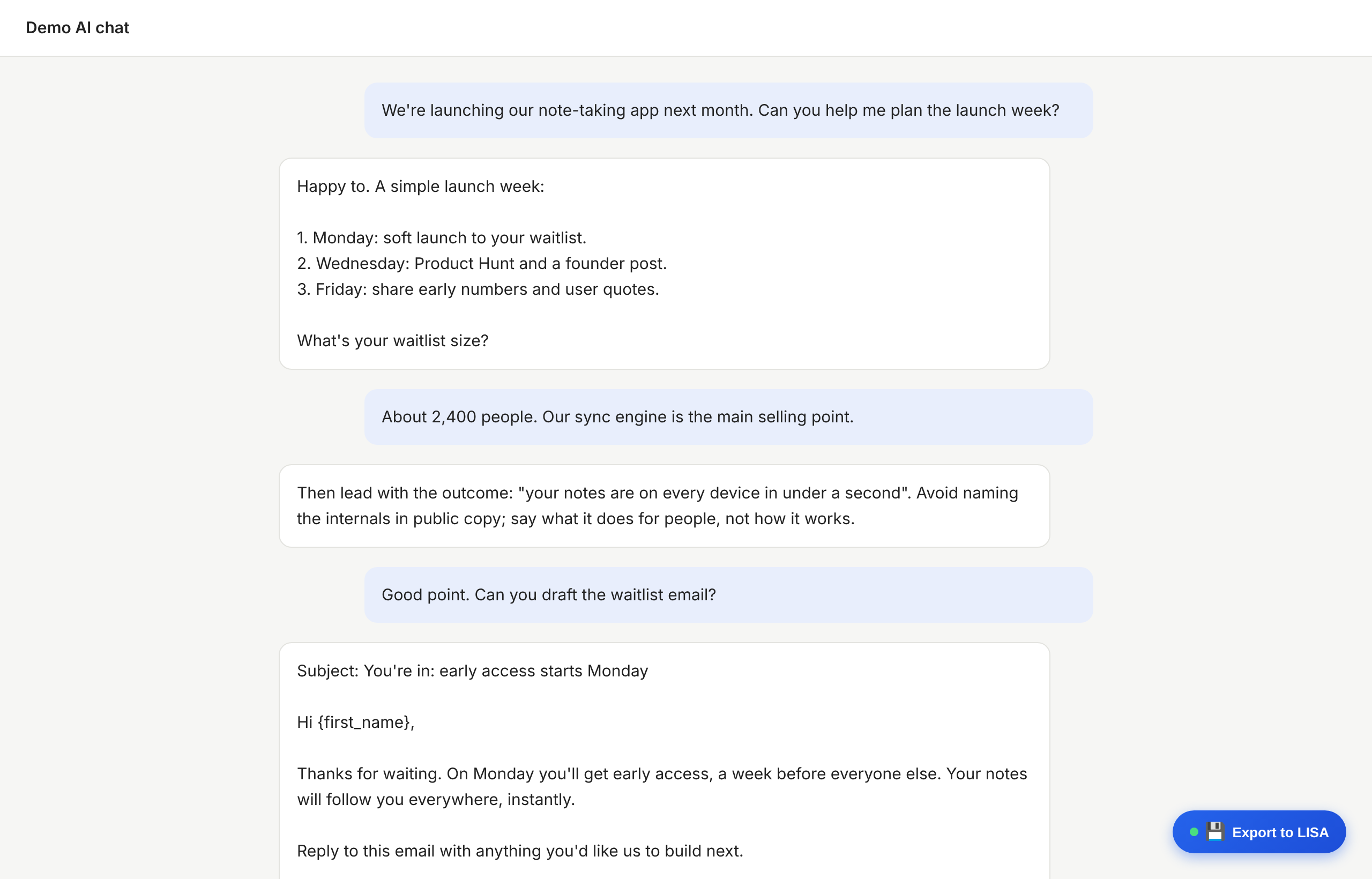 An AI chat page with the blue 'Export to LISA' button and its green health dot at the bottom right
