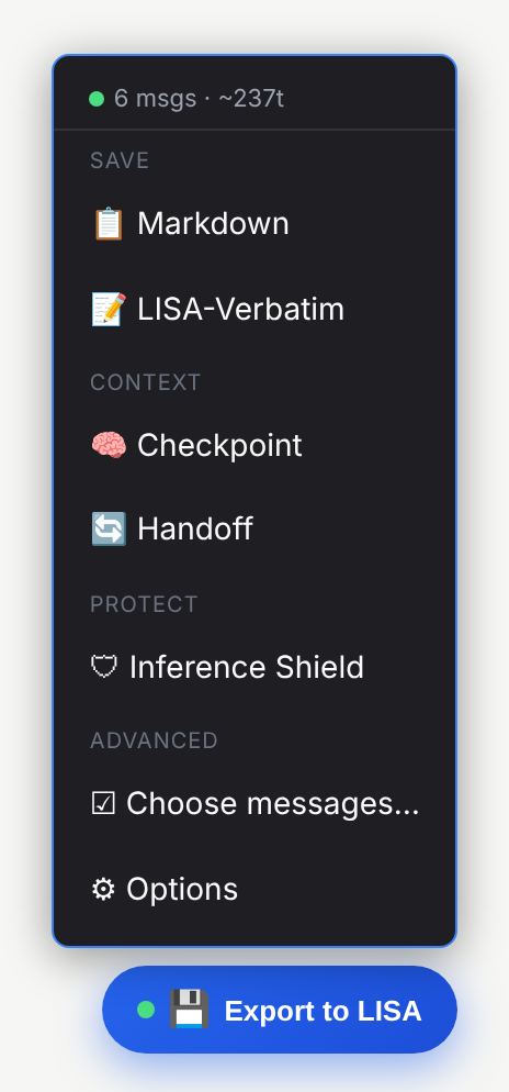 The floating button menu: Markdown, LISA-Verbatim, Checkpoint, Handoff, Inference Shield, Choose messages and Options