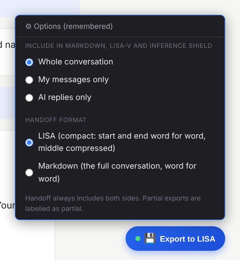 Options: include the whole conversation, my messages only or AI replies only; Handoff format LISA or Markdown