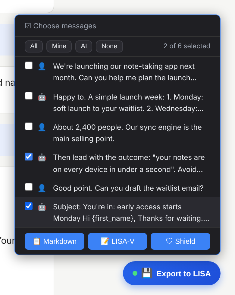 Choose messages: a list of messages with checkboxes, All, Mine, AI and None shortcuts, and Markdown, LISA-V and Shield buttons