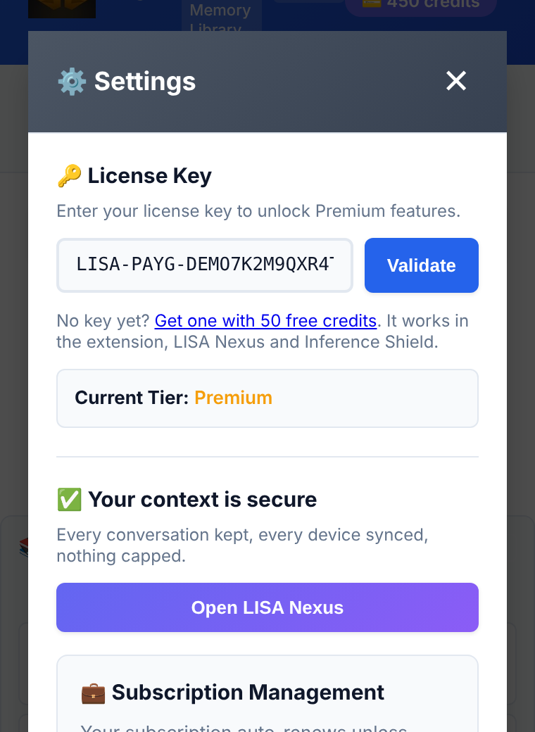The extension's Settings with the License Key field, a Validate button and 'Get one with 50 free credits'